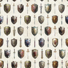 Pattern of shields and swords on a cream background