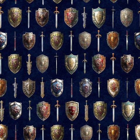 Pattern of shields and swords on a navy blue background