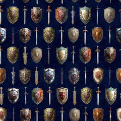 Pattern of shields and swords on a navy blue background