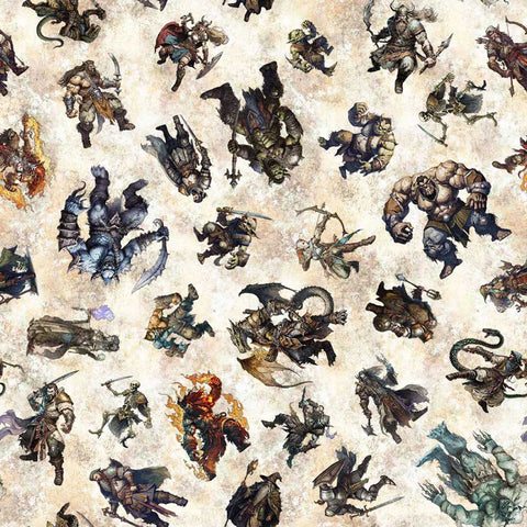 Pattern of fantasy characters on a cream background